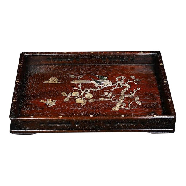 Wooden Tea Tray With Mother-of-Pearl Bird and Landscape Inlay For Sale
