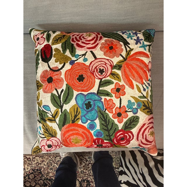 Floral multi color embroidered pillow with new insert. The workmanship is fantastic creating this warm and welcoming soft...