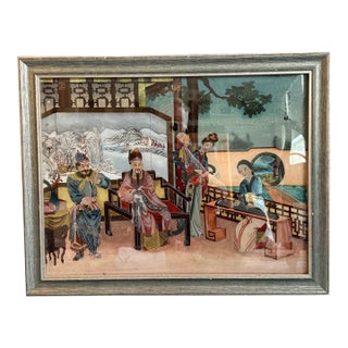 Mid 20th-Century Chinese Baili Xi Guqin Reverse-Glass Painting, Framed For Sale