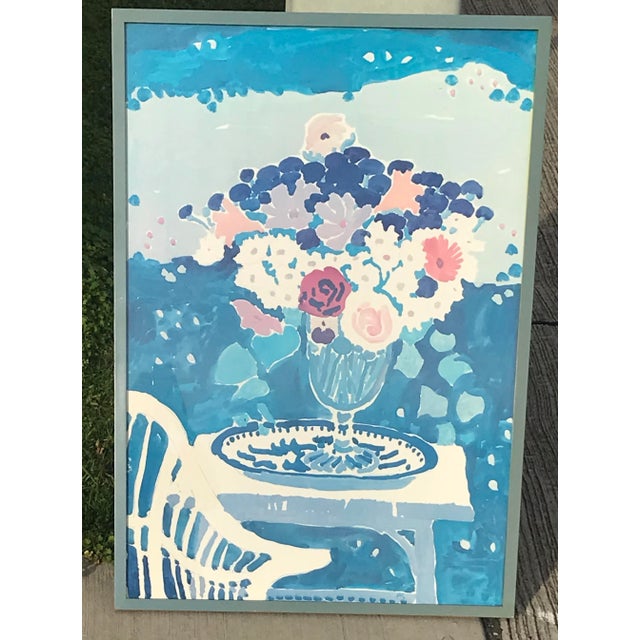 Wonderful Vintage print of a beautiful watercolor of blue toned background floral bouquet.Signed but unable to identify.