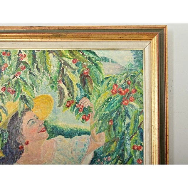 Textile French Vintage 1980s Framed Oil Painting Portrait in Cherry Season For Sale - Image 7 of 8