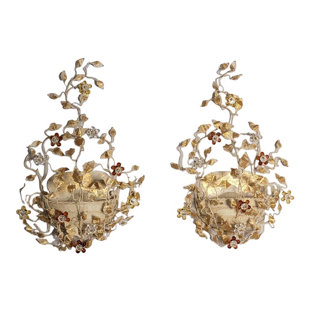 Pair of Italian Illuminated Mechini Handcrafted Wrought Iron Two-Light Wall Lamp With Bohemian Crystals and Murano Glass For Sale