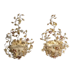 Pair of Italian Illuminated Mechini Handcrafted Wrought Iron Two-Light Wall Lamp With Bohemian Crystals and Murano Glass