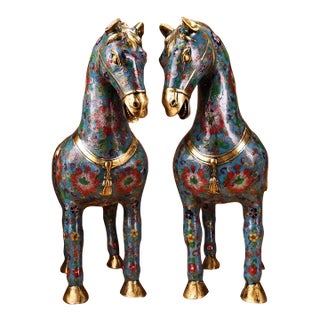 Late 19th Century Pair of Cloisonné Enamel Gilt Bronze Horse Figures, 14200g Total, Qianlong Mark For Sale