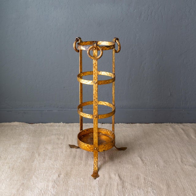 Neoclassical Umbrella Stand of Gilded and Hammered Iron on Footed Base For Sale - Image 4 of 18