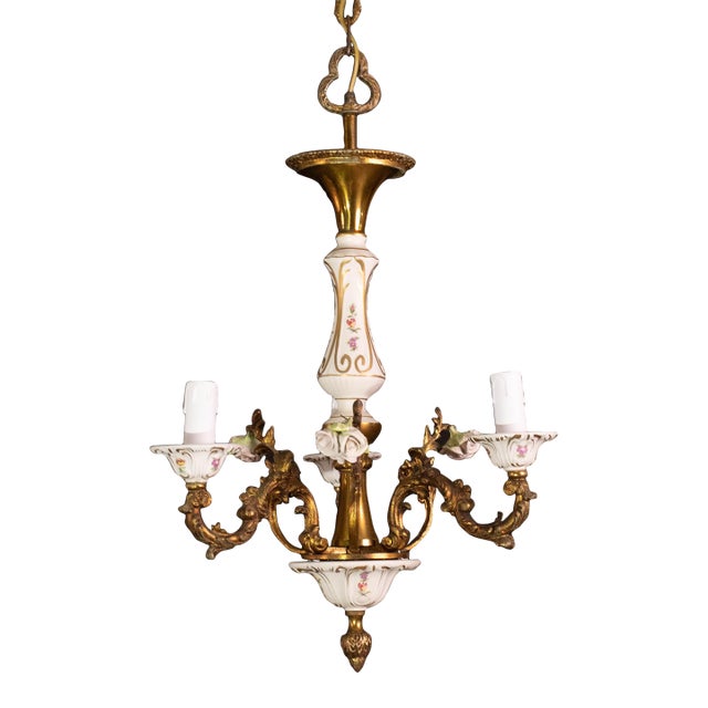 Vintage Ceramic and Brass Chandelier, 1960s For Sale