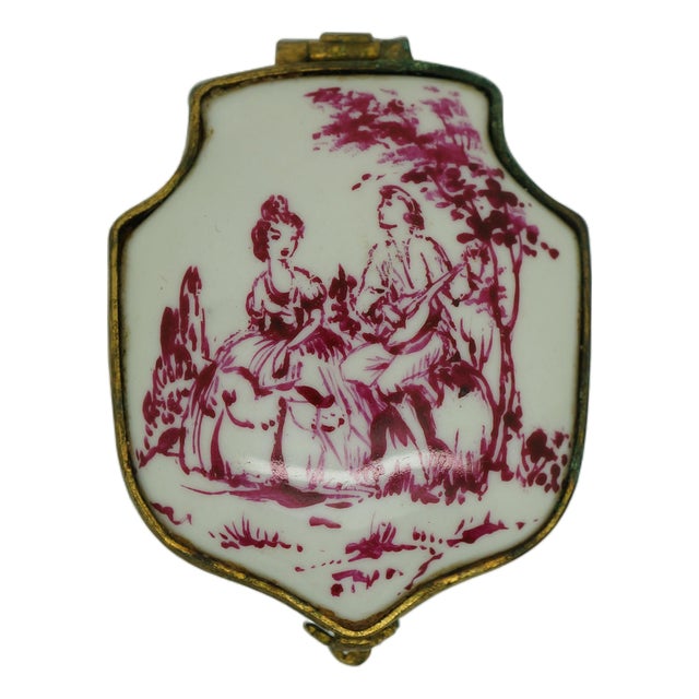 Antique Victorian Porcelain Brass Mount Courting Couple Pill Box 2" For Sale