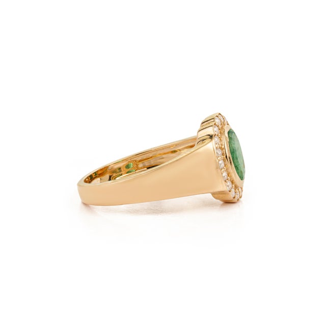 Metal Vintage-Inspired Oval Emerald Diamond Halo Signet Ring Size 6.5 in 14k Yellow Gold For Sale - Image 7 of 17