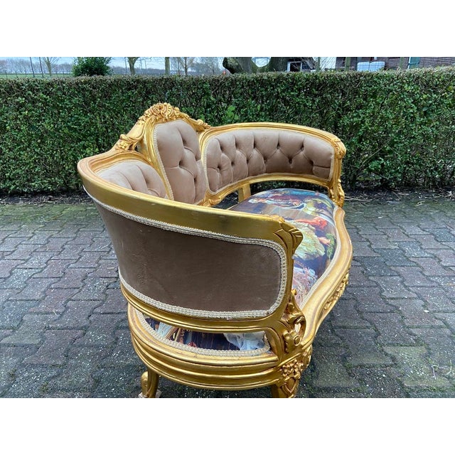 1970s French Louis XVI Gold Beech Brown Velvet Settee 1pc For Sale - Image 11 of 14