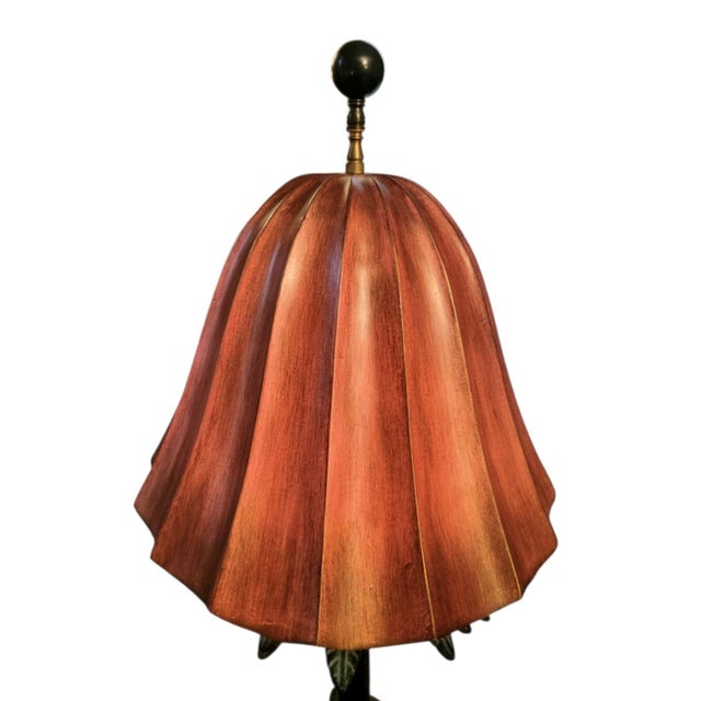Vintage Palm Beach Regency Cast Iron Palm Tree Monkey Table Lamp W/ Hard Pleated Bell Red Parasol Shade For Sale - Image 9 of 12
