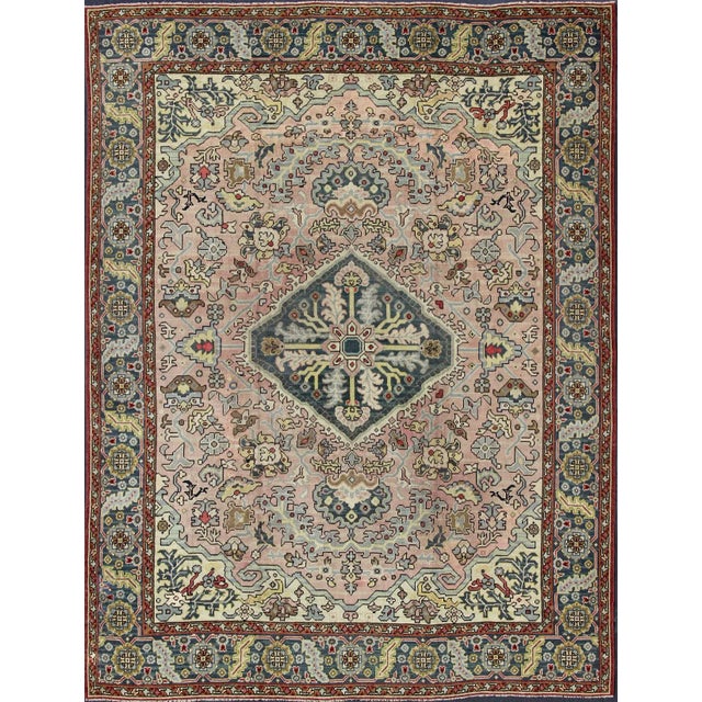 1930s Large Oushak Rug With Floral Design in Pink and Steel Blue For Sale - Image 13 of 13