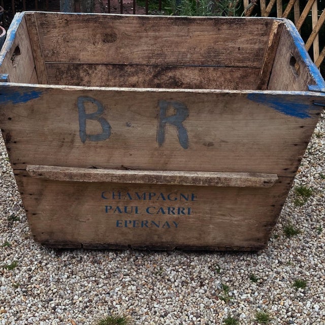 French Country French Early 20th C Champagne Grape Crate With Old Blue Paint For Sale - Image 3 of 3