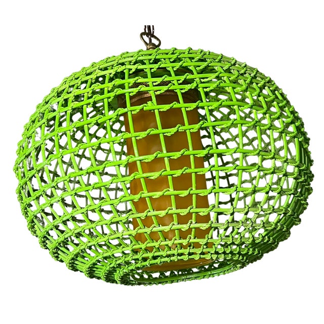 Vintage Rattan Green Globe Oange Glass Shade Pendant Light For Sale - Image 16 of 18