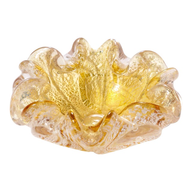 Mid-Century Modernist Translucent Hand-Blown Murano & 24k Gold Glass Bowl For Sale