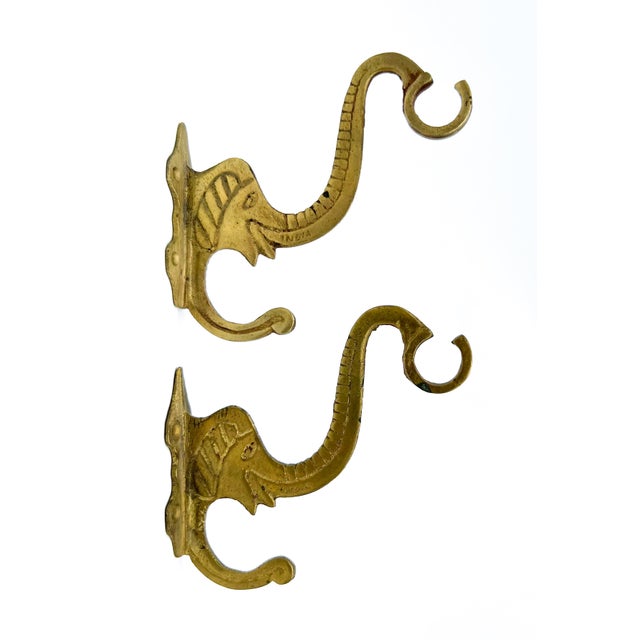 Metal Pair of Vintage Indian Brass Elephant Double Wall Hooks – Bohemian / Global For Sale - Image 7 of 11