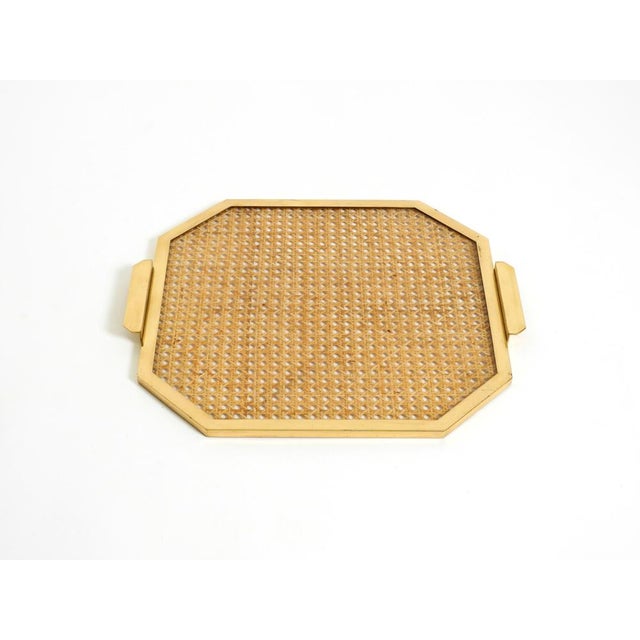 Octagonal Acrylic Glass, Wicker and Brass Serving Tray in the style of Christian Dior, Italy, 1970s For Sale - Image 3 of 18