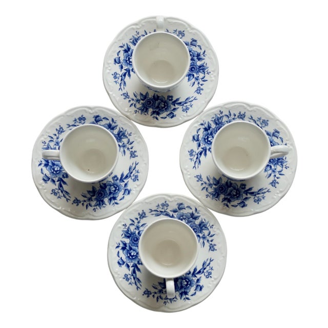 Antique Blue and White Earthenware Cups and Saucers from Sarreguemines, 1980s, Set of 8 For Sale