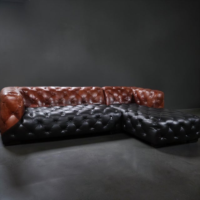 Two-Tone Chesterfield Sectional in Black & Cognac Leather — Sculptural Modern Statement For Sale - Image 9 of 15