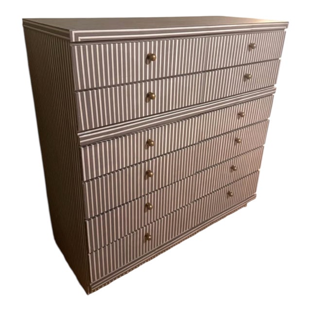Traditional Taupe & Cream Striped 10-Drawer Chest With Brass-Tone Knobs For Sale - Image 3 of 6
