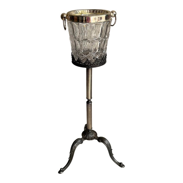 Vintage William Adams Italian Crystal Ice Bucket and Silver Plated Stand For Sale
