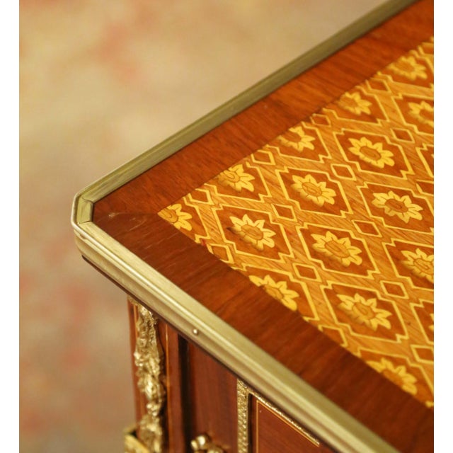 French Near Pair of Mid-Century French Louis XVI Ormolu Marquetry Side Tables For Sale - Image 3 of 17