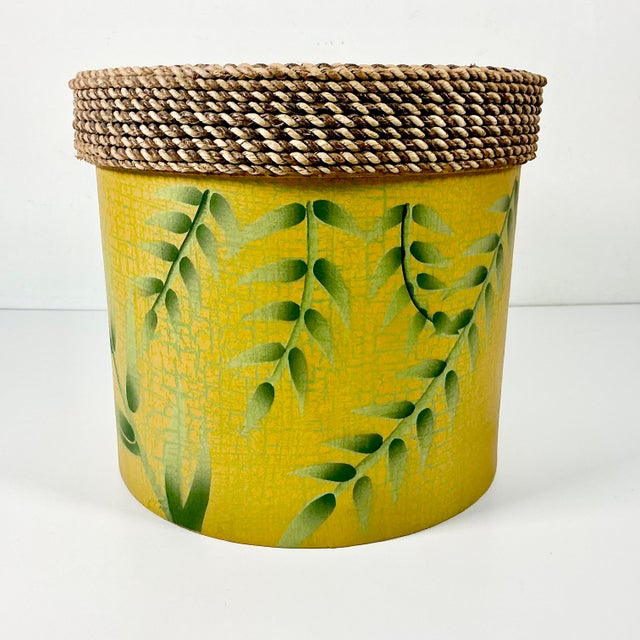 Mustard 1990s Vintage Coastal Boho Chic Wicker Lidded Bamboo Leaf Motif Storage Box, Medium For Sale - Image 8 of 10