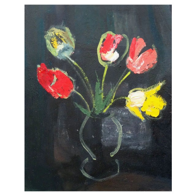 Aleksandr Rodin, Tulips on the Black Background, 1975, Oil on Cardboard For Sale