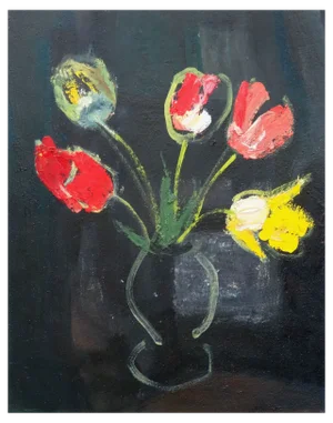 Aleksandr Rodin, Tulips on the Black Background, 1975, Oil on Cardboard