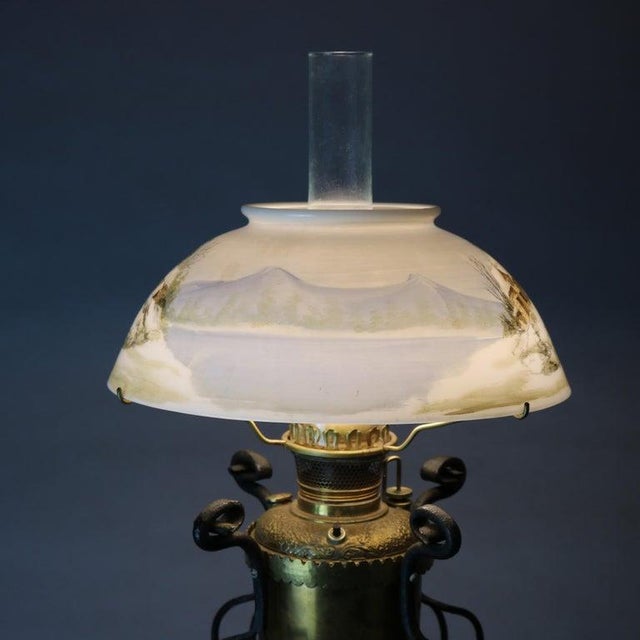 Antique Arts & Crafts Wrought Iron Table Lamp & Hand Painted Shade, C1910 For Sale - Image 4 of 15