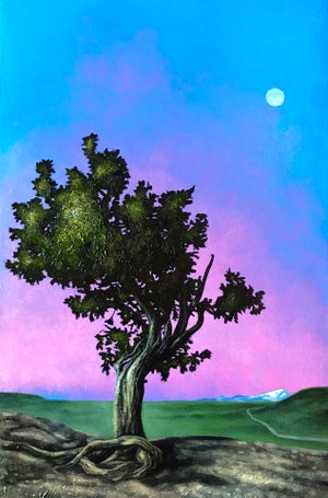 Sentinel by Thane Gorek | Oil Painting of a solitary tree against a colorful sky