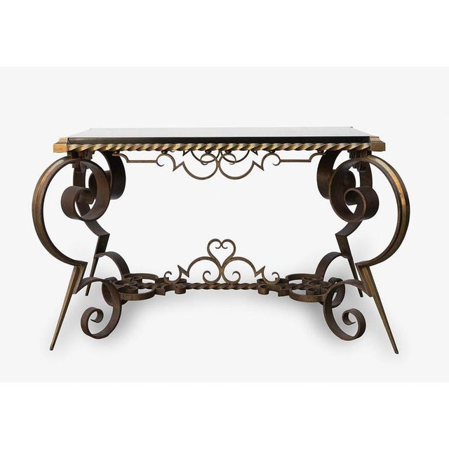 French Coffee Table in Belgian Black Marble, Gilt Bronze and Wrought Iron, 1970s For Sale - Image 4 of 6