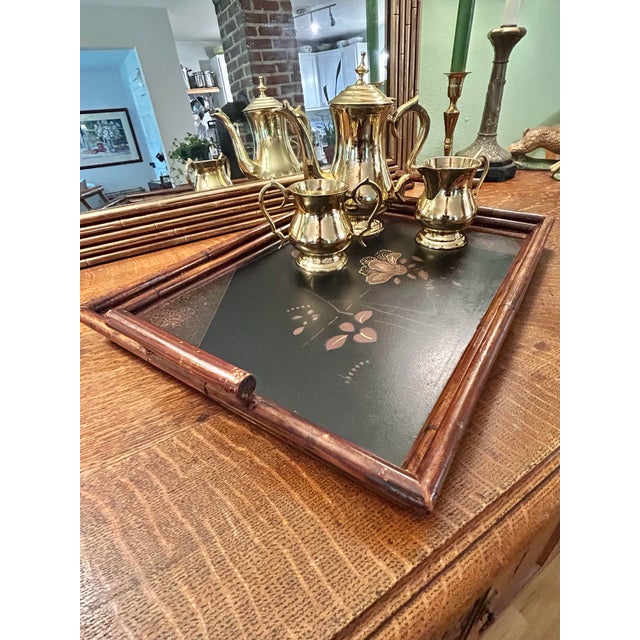 Palecek Vintage “Art De Chine” Bamboo and Black Lacquer Tray Attributed to Palecek For Sale - Image 4 of 12