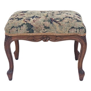 Antique French Walnut Ottoman Footstool W/ Floral Carving & Cabriole Legs 1910s For Sale