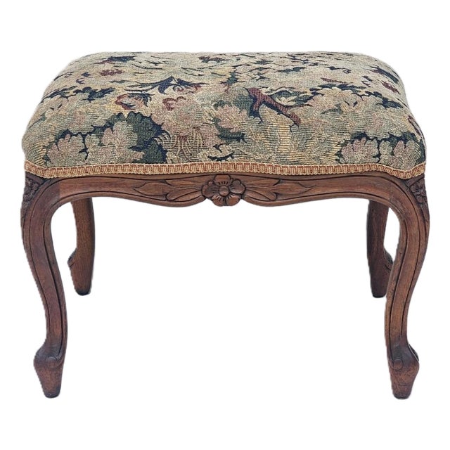 Antique French Walnut Ottoman Footstool W/ Floral Carving & Cabriole Legs 1910s For Sale