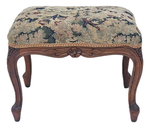 Antique French Walnut Ottoman Footstool W/ Floral Carving & Cabriole Legs 1910s