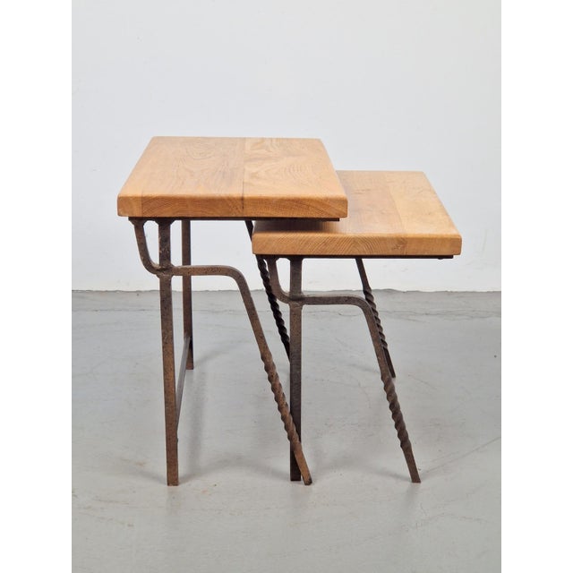 Brutalist Cast Iron and Oak Nesting Tables, 1970s, Set of 2 For Sale - Image 4 of 16