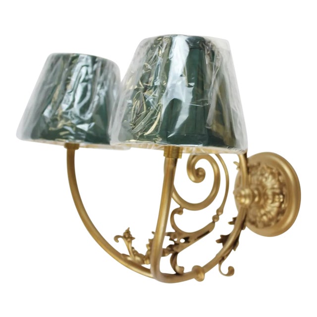 Gilt Wall With Two Socket Sconces With Green Shades For Sale