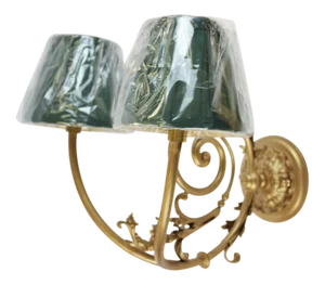 Gilt Wall With Two Socket Sconces With Green Shades
