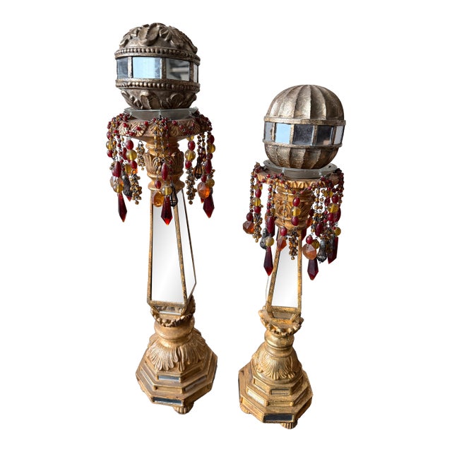 Pair of 19th Century Italian Giltwood & Gesso Candlesticks With Inset Mirror Panels For Sale