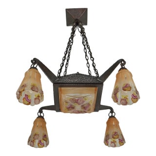 French Art Deco Chandelier by Vasseur & Ejg 1920s - Amber Glass & Wrought Iron For Sale