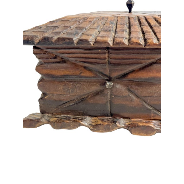 Mid 20th Century American Folk Tramp Art Carved Wood Box With Geometric Lid For Sale - Image 6 of 13