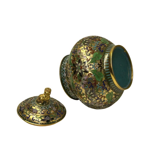 Golden Green Metal Cloisonné Lion Flower Enamel Round Box Jar For Sale - Image 10 of 10