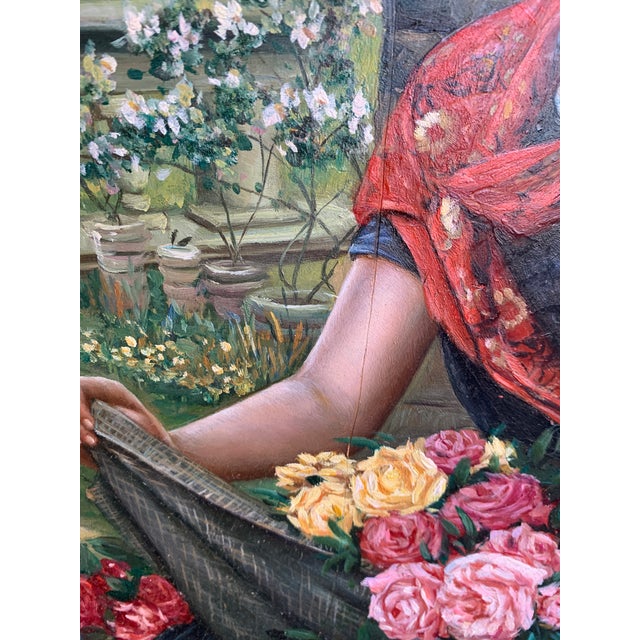 Wood Vintage Original Oil Painting Romantic Flower Girl With Roses, Oval Presentation in Custom Fabric Mount For Sale - Image 7 of 9