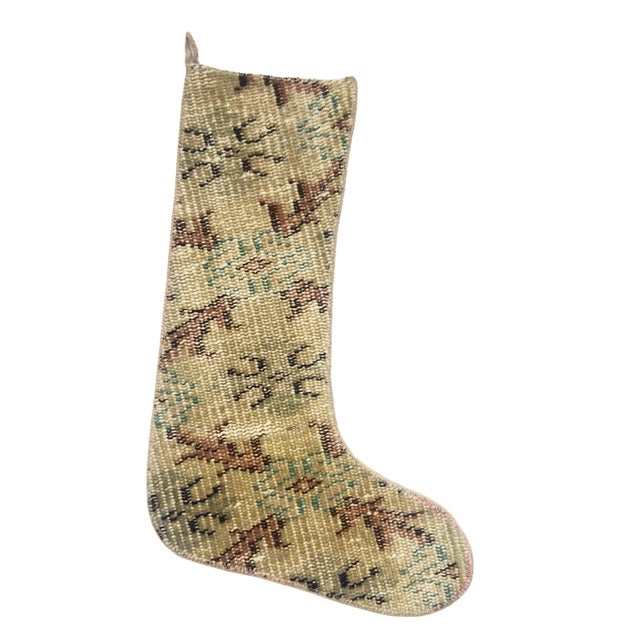2020s Vintage Kilim Christmas Stocking, Sage Green Handwoven Wool Boho Xmas Decor, One of a Kind Turkish Rug Stocking, Rustic Holiday Gift For Sale - Image 5 of 7