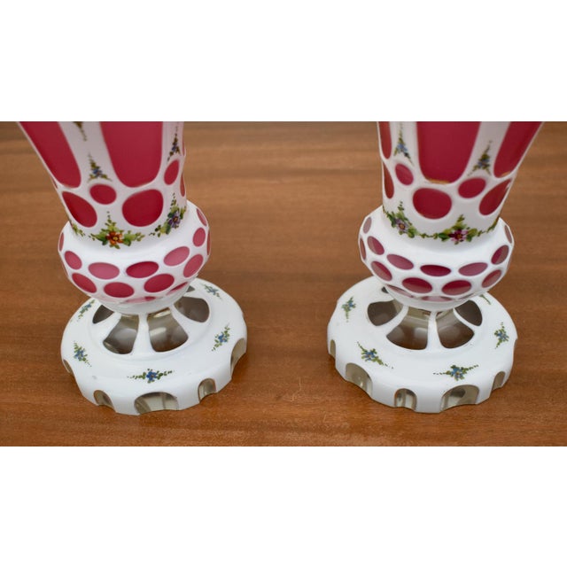 Traditional Vintage Pair of Moser? Bohemian Cased Glass Cranberry & White Hand Painted Vases For Sale - Image 3 of 13
