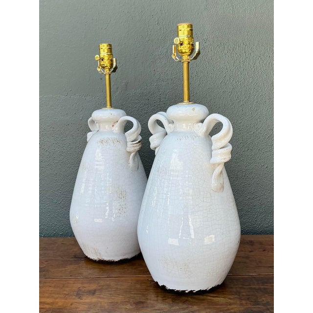 Shabby Chic Vintage Crackle Glaze Ceramic Lamps - a Pair For Sale - Image 3 of 12