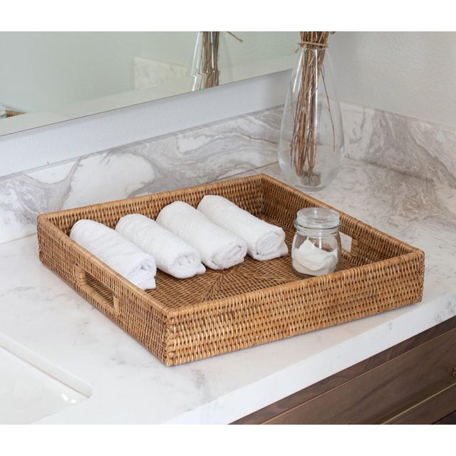 Brown Artifacts Rattan Square Serving Tray with Cutout Handles in Honey Brown - 16" For Sale - Image 8 of 10