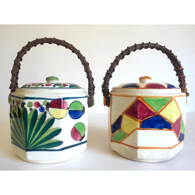 Vintage 1930's Art Deco Japan Hand Painted Porcelain Handled Ceramic Biscuit Barrel Jars - Set of 2 For Sale - Image 13 of 13