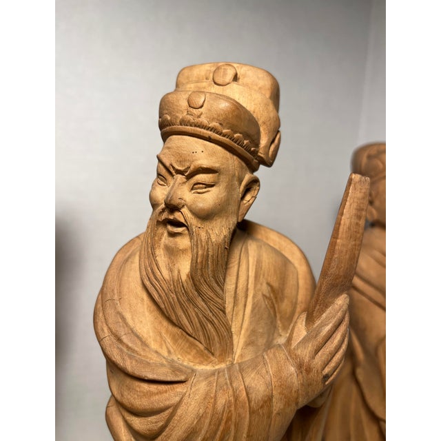 1940s Republic Era Chinese Hand Carved Wood Immortals Statues- Set of 4 For Sale - Image 4 of 12