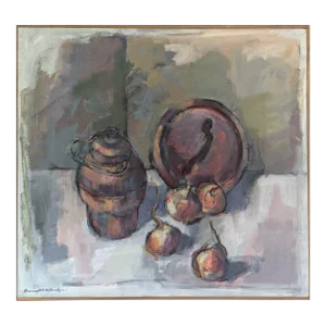 Mid-Century Modern 'Pot & Onions' Vintage Swedish Original Still Life Oil Painting, Framed
